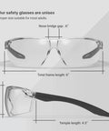Kickass Rimless Wraparound Safety Glasses With Ultra Light Twenty One Gram Flex Plus Heavy Duty Dust Defense And Never Fog Tech For Top Shelf Eye Armor On Every Work Shift dimensions showcasing front and side views with measurements.