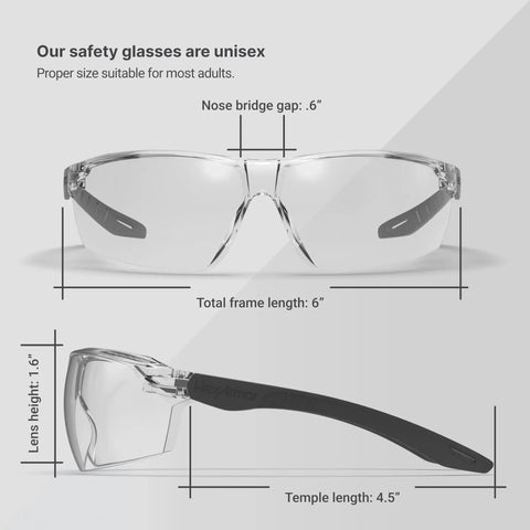 Kickass Rimless Wraparound Safety Glasses With Ultra Light Twenty One Gram Flex Plus Heavy Duty Dust Defense And Never Fog Tech For Top Shelf Eye Armor On Every Work Shift dimensions showcasing front and side views with measurements.