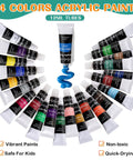 All In One Acrylic Painting Set With 24 Vibrant Paints 8 Brushes 5 Canvas Panels Wooden Stencils And Foldable Tabletop Easel Perfect For Kids Beginners Students And Artists Who Love Arts And Crafts; 24 acrylic paint tubes arranged in a circle with vibrant colors visible.