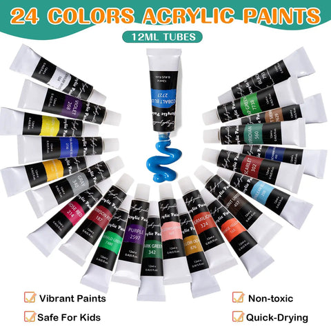 All In One Acrylic Painting Set With 24 Vibrant Paints 8 Brushes 5 Canvas Panels Wooden Stencils And Foldable Tabletop Easel Perfect For Kids Beginners Students And Artists Who Love Arts And Crafts; 24 acrylic paint tubes arranged in a circle with vibrant colors visible.