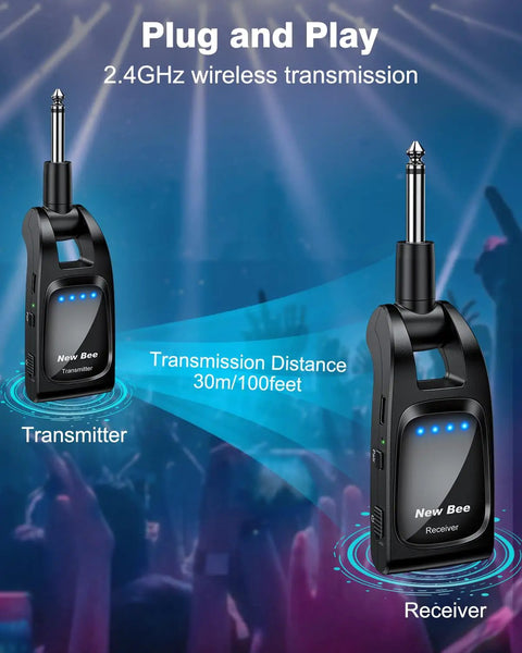 Wireless Guitar System 2.4GHz Six Channel Pro Grade Audio With 24Bit 48KHz HiRes Lossless Sound Rechargeable Transmitter Receiver
