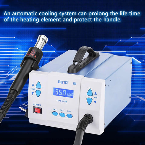 1000W Digital Soldering Rework Station With Hot Air Gun for PCB Repair 110V US Plug LCD Display, auto cooling feature shown