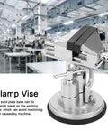Rock Solid Universal Table Vise Clamp With Zero Wobble Rotating Base Heavy Duty Aluminum Alloy Bench Vice close up showing suction cup grip.