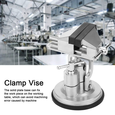 Rock Solid Universal Table Vise Clamp With Zero Wobble Rotating Base Heavy Duty Aluminum Alloy Bench Vice close up showing suction cup grip.