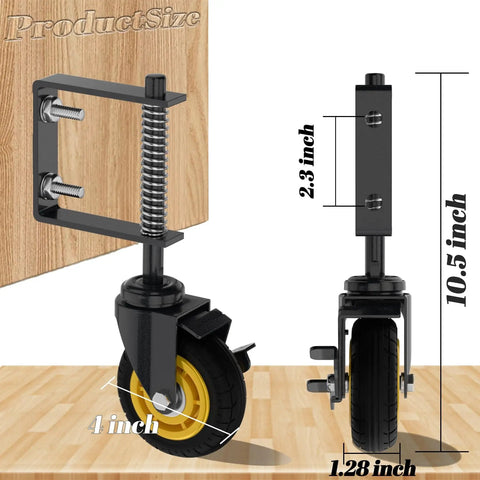 Two Pack 4 Inch Gate Casters With Brake Heavy Duty 250 Lb Capacity Spring Loaded Absorbing Solid Rubber Wheels on wooden gate