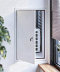 Slick Lockable Access Door With Paintable Finish And Concealed Hinges For Drywall Or Ceiling Panels, open view with utility gear inside.