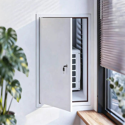Slick Lockable Access Door With Paintable Finish And Concealed Hinges For Drywall Or Ceiling Panels, open view with utility gear inside.