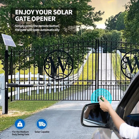 Automatic Gate Opener Kit For Dual Swing Gates Up To 16 Feet Or 550 Pounds Solar Powered Medium Duty Gate Operator With Included Solar Panel And Simple Install For Home Or Property Security installed controlling gate remotely