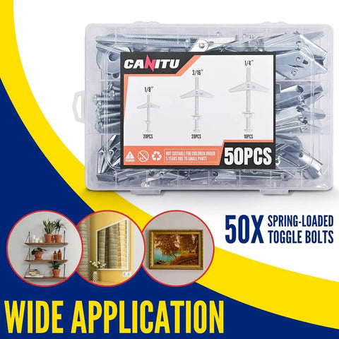 50 Piece Assortment Toggle Bolt And Wing Nut Kit For Hollow Walls With 1/8 3/16 And 1/4 Inch Butterfly Anchors Screws And Washers, 50 pcs in case
