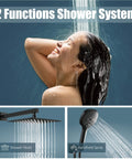 Matte Black Shower System With 12 Inch Rainfall Head And Handheld Spray Brass Construction in use