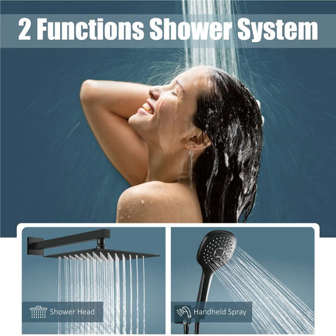 Matte Black Shower System With 12 Inch Rainfall Head And Handheld Spray Brass Construction in use