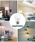 Small A15 Bulb 3W 25W Equivalent Budget Friendly Warm White 2700K Energy Saving Light Bulbs For Nightstand Table Lamp With E26 Medium Screw Base 4 Pack Long Lasting For Home Lighting application in various settings including bedroom, living room, table lamp, and wall lamp.
