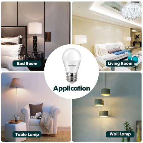 Small A15 Bulb 3W 25W Equivalent Budget Friendly Warm White 2700K Energy Saving Light Bulbs For Nightstand Table Lamp With E26 Medium Screw Base 4 Pack Long Lasting For Home Lighting application in various settings including bedroom, living room, table lamp, and wall lamp.