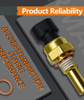 NOTISH engine coolant temperature sensor close-up; brass threaded body, black plastic connector, copper washer