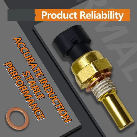 NOTISH engine coolant temperature sensor close-up; brass threaded body, black plastic connector, copper washer