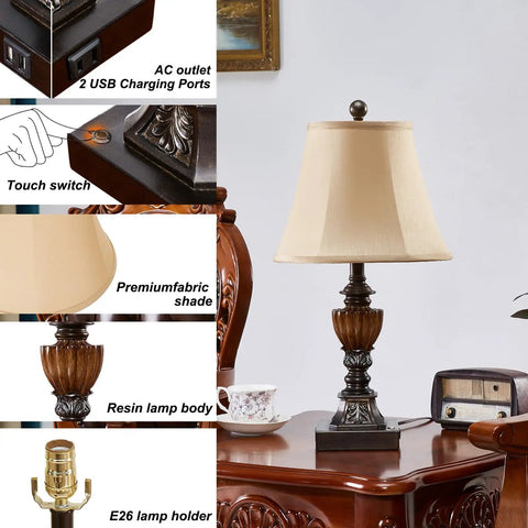 Touch Control Traditional Table Lamps Set Of Two Three Way Dimmable Farmhouse Bedside Lamps With Two USB Charging Ports Vintage Rustic Living Room Bedroom Office Study