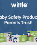 Three Wittle baby safety product boxes including the Finger Pinch Guard For Doors 2 Pack Baby Proof Door Stopper With Soft Foam.