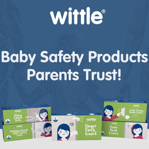 Three Wittle baby safety product boxes including the Finger Pinch Guard For Doors 2 Pack Baby Proof Door Stopper With Soft Foam.