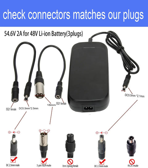 54.6V 2A Lithium Battery Charger For 48V 13S Ebike Pedicab Bicycle With DC 5.5mm Plug To 3 Pin Male XLR Connector And LED Indicator