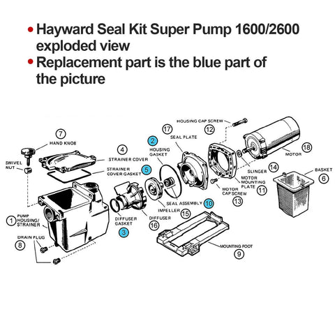 Exploded view of Replacement Pool Pump Seal Kit For SP2600 SP1600 SP2600X 1600 And 1600X Super Pump MaxFlo.
