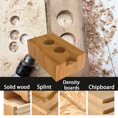 Top Shelf Badass Forstner Bit Set With Six Heavy Duty Carbide Tipped Hex Shank Wood Hole Saw Drill Bits For Precise Flat Bottom Cuts In Hardwood Plywood And Plastic With Tough Storage Case shown with drilled wood samples and bit depth.