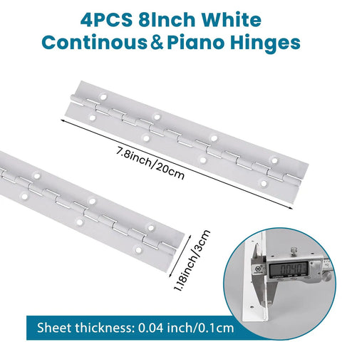 Four Pack 8 Inch Heavy Duty Piano Hinges White Stainless Steel Continuous Hinge For Cabinet Doors Woodworking Furniture Tool Storage Boxes 1.2 Inch Open Width 304 Stainless Rust Proof Built To Last, 8in white hinge