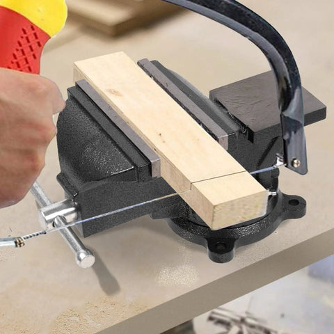 Heavy Duty Six Inch Bench Vise Rock Solid Cast Steel Frame With Double Locking Swivel Base and Flat Hammer Anvil Surface for wood cutting.