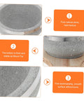 Close-up of Korean Stone Bowl Set With Wooden Base, featuring durable granite stoneware and smooth surface details.
