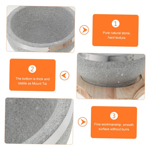 Close-up of Korean Stone Bowl Set With Wooden Base, featuring durable granite stoneware and smooth surface details.