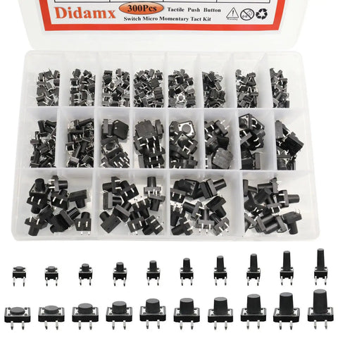 Assorted 300 Pack Tactile Push Button Switch Kit with 6x6mm and 12x12mm Black Pushbuttons in Organizer Box
