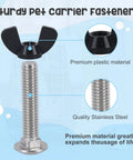Heavy Duty Pet Carrier Door Hardware Replacement Set Featuring 24 M6 Stainless Steel Screws And 24 Twist Lock Wing Nuts For Dog Kennel Cages Quick Install No Sweat Guarantee Built To Last, showcasing a stainless steel screw with twist lock wing nut.
