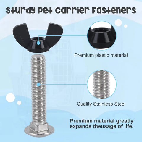Heavy Duty Pet Carrier Door Hardware Replacement Set Featuring 24 M6 Stainless Steel Screws And 24 Twist Lock Wing Nuts For Dog Kennel Cages Quick Install No Sweat Guarantee Built To Last, showcasing a stainless steel screw with twist lock wing nut.