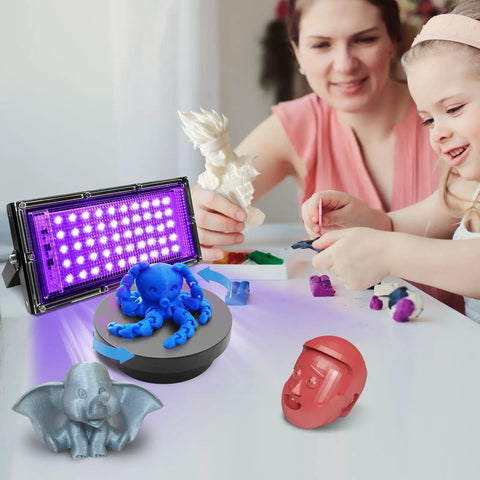 Dope UV Resin Curing Light For 3D Printers With 360 Degree Rotating Turntable And 48 405nm LEDs in use with resin models
