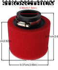 Red 38mm dual foam pod air filter fits 50cc to 150cc GY6 engines for scooters, ATVs, dirt bikes, go-karts, pit bikes, mopeds.