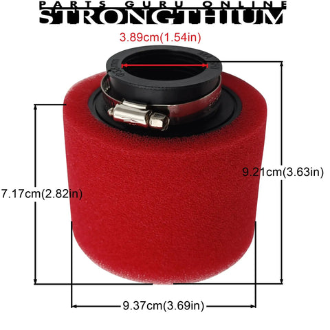 Red 38mm dual foam pod air filter fits 50cc to 150cc GY6 engines for scooters, ATVs, dirt bikes, go-karts, pit bikes, mopeds.