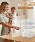 Woman holding baby near Three Tier Baby Bottle Organizer With Removable Dividers For Bottles Nipples Pump Parts And Food Jars Clear
