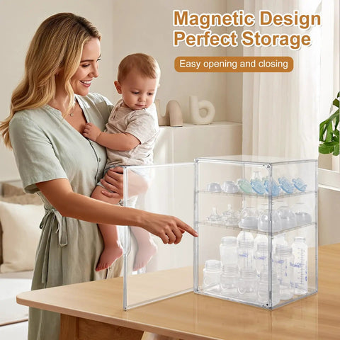 Woman holding baby near Three Tier Baby Bottle Organizer With Removable Dividers For Bottles Nipples Pump Parts And Food Jars Clear