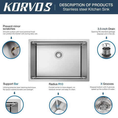 Undermount Workstation Sink 24 Inch 16 Gauge SUS304 Stainless Steel Single Bowl Bar Kitchen Sink With Bamboo Cutting Board And Accessories