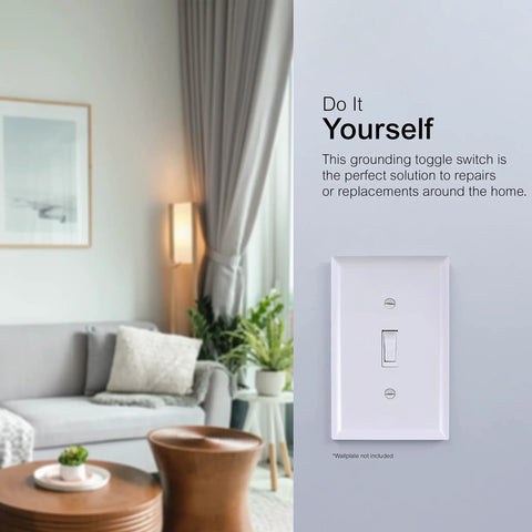 Grounding Toggle Switch Single Pole In Wall On Off For Fan And Light Replacement 15 Amp UL Listed White 54161 No Fuss DIY Install