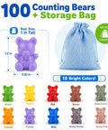 Awesome Rainbow Counting Bears Set Of 100 Bright Plastic Sorting Toys For Toddlers with 10 colors and canvas storage pouch.