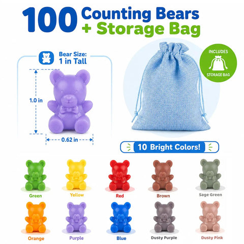 Awesome Rainbow Counting Bears Set Of 100 Bright Plastic Sorting Toys For Toddlers with 10 colors and canvas storage pouch.