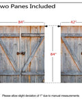 Old Antique Door Style Blackout Curtains showing two panels measuring 84 by 42 inches each with a rustic barn wood motif.