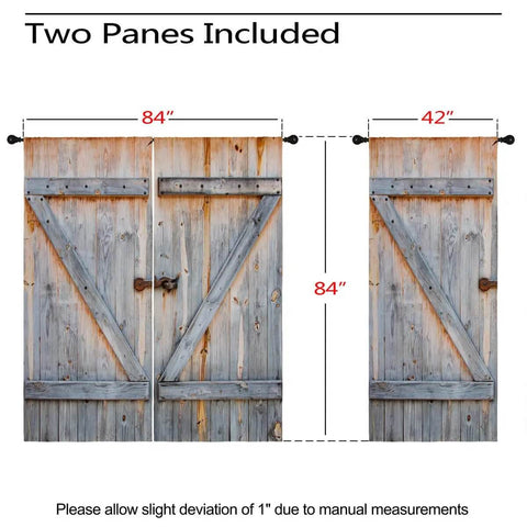 Old Antique Door Style Blackout Curtains showing two panels measuring 84 by 42 inches each with a rustic barn wood motif.