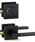 Entry Lever Door Handle Set With Single Cylinder Deadbolt, Slim Square Lever, Reversible, Iron Black Finish, front view.