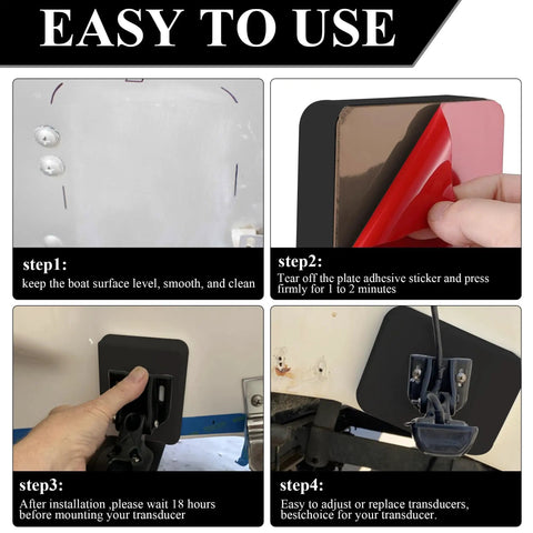 Screwless Transducer Mounting Plate For Boats, No Hull Drilling, Freely Mount On Your Boat, 4.5 By 3.5 Inch Standard Size, Black, Perfect For Small To Medium Sonar Transducers, Easy Clamp On. adhesive boat transducer plate installation steps