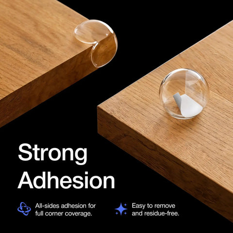 Clear Corner Guards For Babyproofing Furniture And Table Edges Super Easy 1 Minute Install Durable Edge Bumpers Transparent Protectors To Cover Sharp Corners Kid Safe Home Upgrade Pack Of 18 showing strong adhesion on wood surface