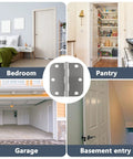 Heavy Duty 3.5 Inch Door Hinges Brushed Nickel With Five Eighths Radius, 3.5 x 3.5 Inch Interior Door Hardware, Six Hole Mount, For Residential Doors, shown in various home settings.