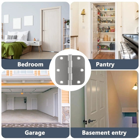 Heavy Duty 3.5 Inch Door Hinges Brushed Nickel With Five Eighths Radius, 3.5 x 3.5 Inch Interior Door Hardware, Six Hole Mount, For Residential Doors, shown in various home settings.
