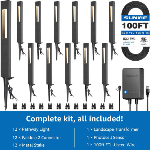 All In One LED Low Voltage Landscape Lighting Kit 12 Pack With 60W Transformer 100 Feet Wire 12 Aluminum Pathway Lights 3000K Warm White ETL Listed Waterproof No Fuss Setup For Gardens And Pathways layout.