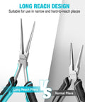Long Reach 7 Inch Needle Nose Pliers Set, Two Piece Bent Nose And Straight Nose Pliers, Drop Forged Carbon Steel, Heat Treated, Nickel Plated, Anti Rust Oil Protected, Built Tough For Precision Work, compared with normal pliers